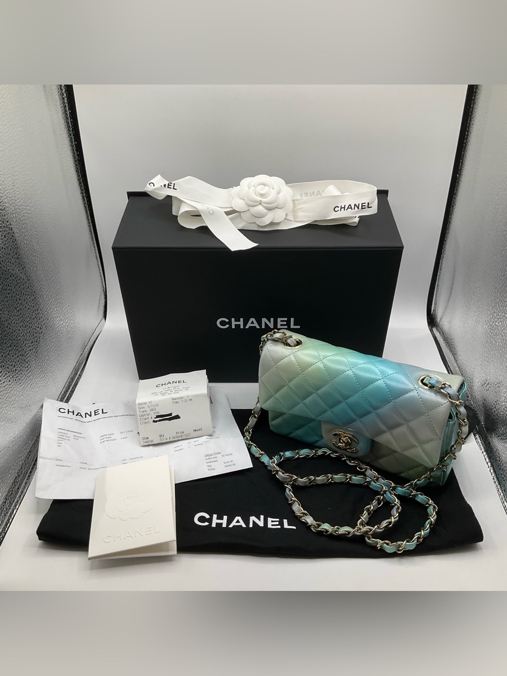 CHANEL Tie Dye Ombre Shoulder Handbag Blue Multicolor Quilted Lambskin Leather